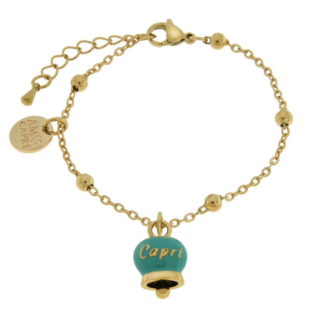 AMO CAPRI - Bracciale in Acciaio con campanella pendente verde con scritta Capri