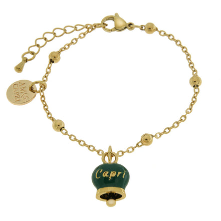 AMO CAPRI - Bracciale in Acciaio con campanella pendente verde con scritta Capri