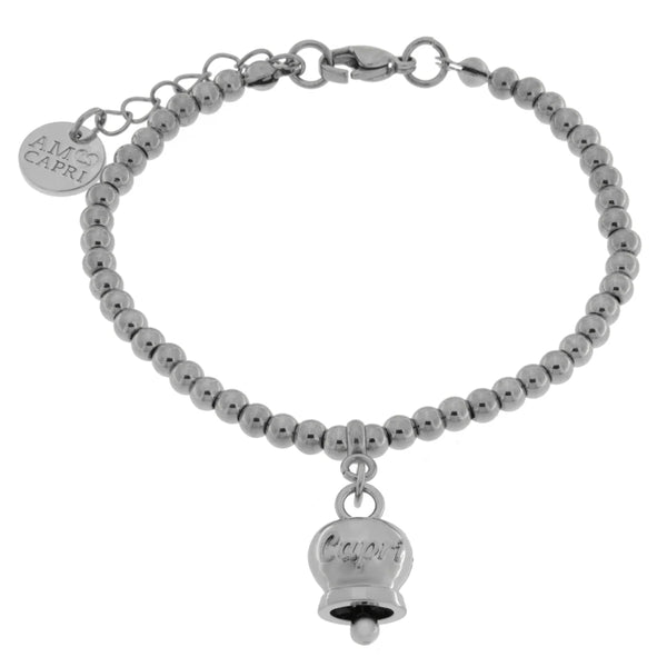 AMO CAPRI - Bracciale in Acciaio a perline con campanella pendente con scritta Capri
