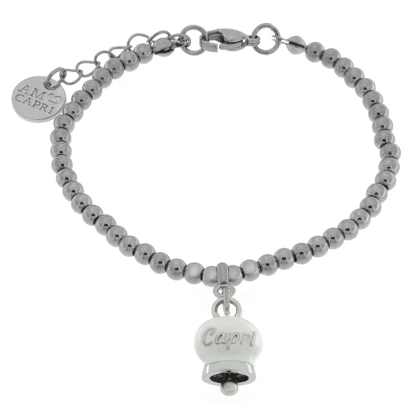 AMO CAPRI - Bracciale in Acciaio con campanella pendente bianca con scritta Capri