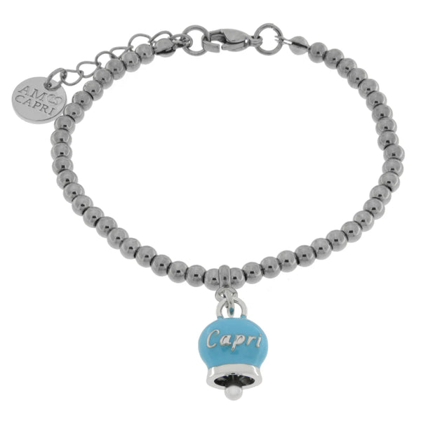 AMO CAPRI - Bracciale in Acciaio con campanella pendente azzurra con scritta Capri