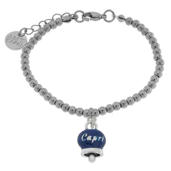 AMO CAPRI - Bracciale in Acciaio con campanella pendente blu con scritta Capri
