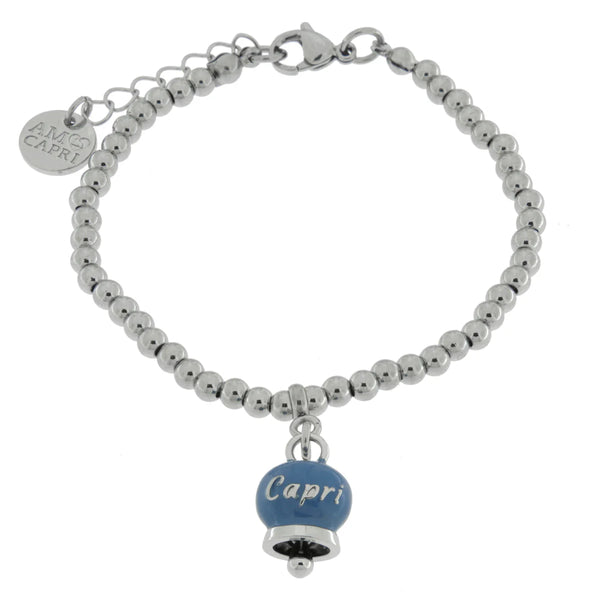 AMO CAPRI - Bracciale in Acciaio con campanella pendente blu cobalto con scritta Capri