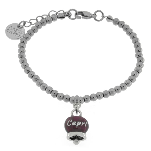 AMO CAPRI - Bracciale in Acciaio con campanella pendente borgogna con scritta Capri