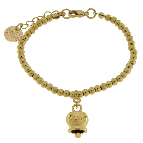AMO CAPRI - Bracciale in Acciaio con campanella pendente placcata oro con scritta Capri