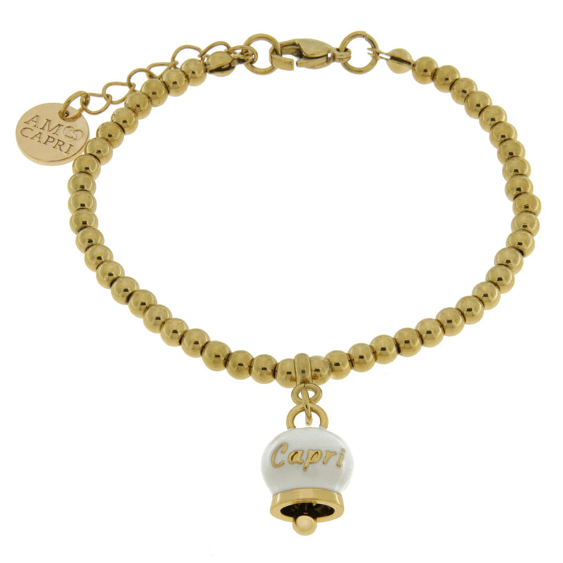 AMO CAPRI - Bracciale in Acciaio a perline con campanella pendente bianca e oro con scritta Capri