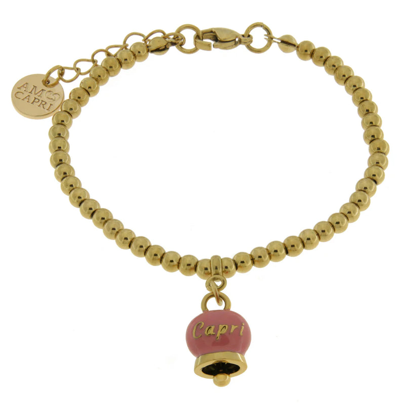 AMO CAPRI - Bracciale in Acciaio con campanella pendente rosa con scritta Capri