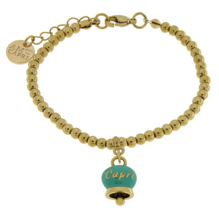 AMO CAPRI - Bracciale in Acciaio con campanella pendente verde con scritta Capri
