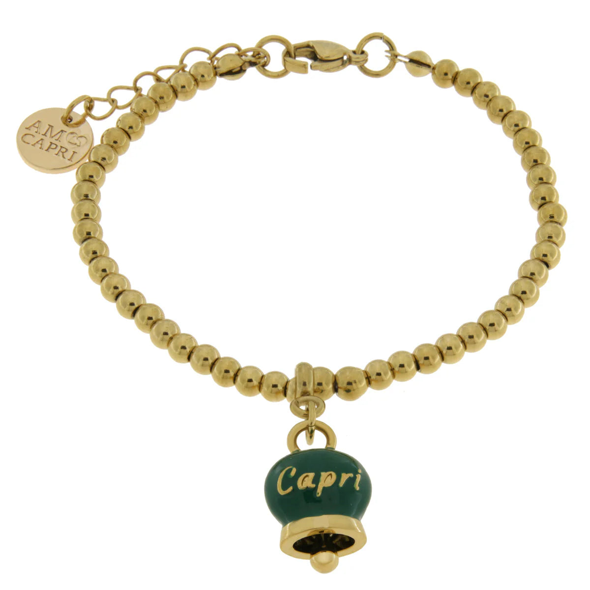 Amo Capri - Bracciale in Acciaio con campanella pendente verde con scritta Capri