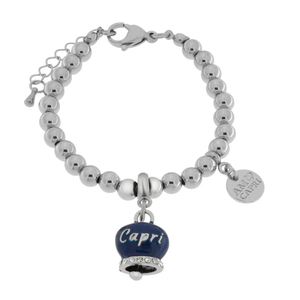 AMO CAPRI - Bracciale in Acciaio con campanella pendente azzurra con scritta Capri