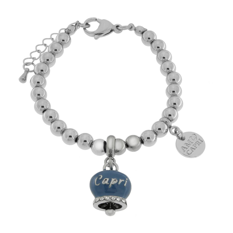 AMO CAPRI - Bracciale in Acciaio con campanella blu con scritta Capri