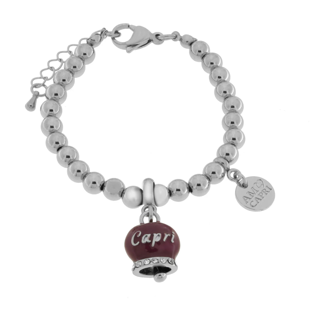 AMO CAPRI - Bracciale in Acciaio a perline con campanella borgogna con scritta Capri