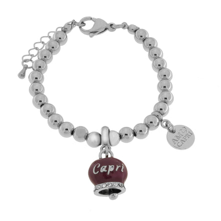 AMO CAPRI - Bracciale in Acciaio a perline con campanella borgogna con scritta Capri