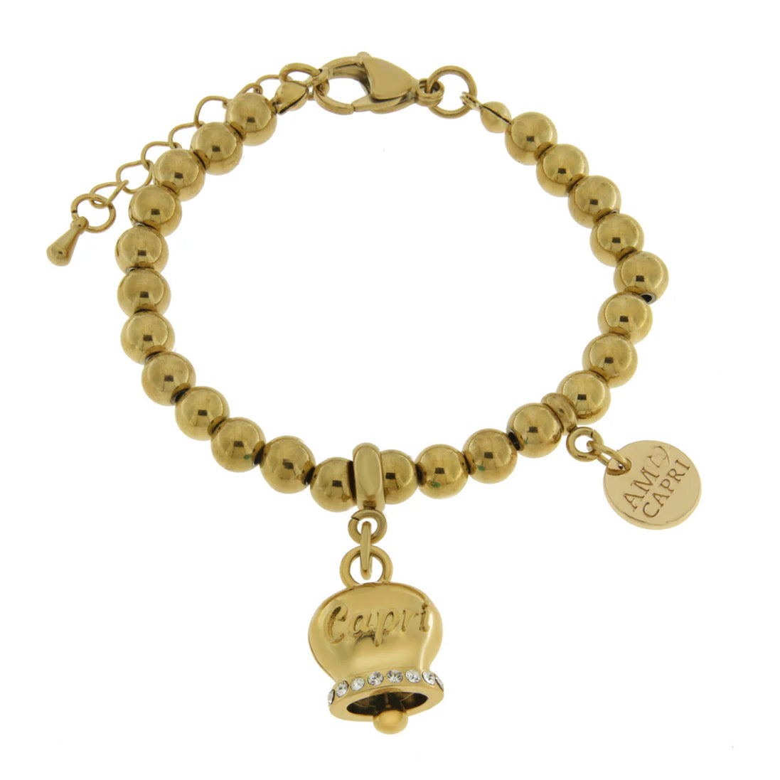 AMO CAPRI - Bracciale in Acciaio con campanella placcata oro con scritta Capri