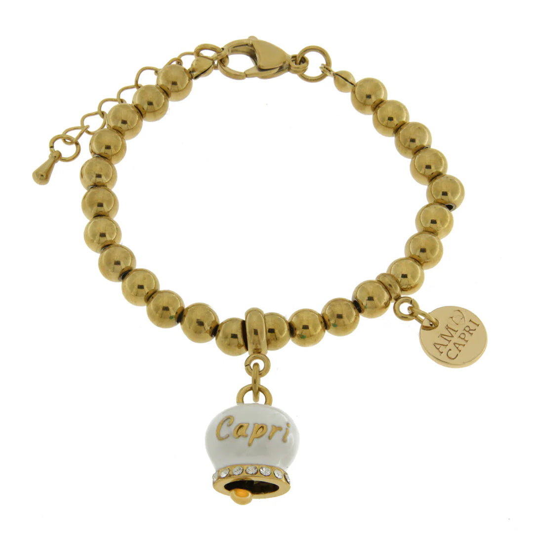 AMO CAPRI - Bracciale in Acciaio con campanella bianca e oro con scritta Capri