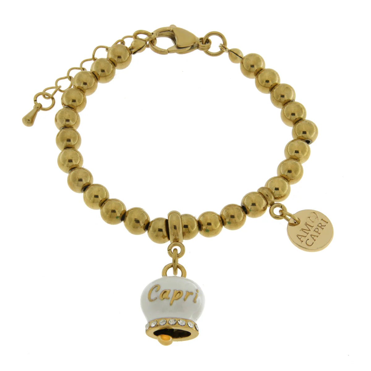 AMO CAPRI - Bracciale in Acciaio con campanella bianca e oro con scritta Capri