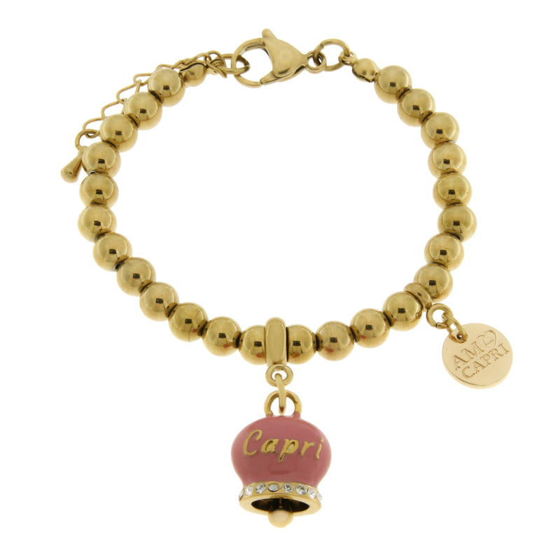 AMO CAPRI - Bracciale in Acciaio con campanella rosa con scritta Capri