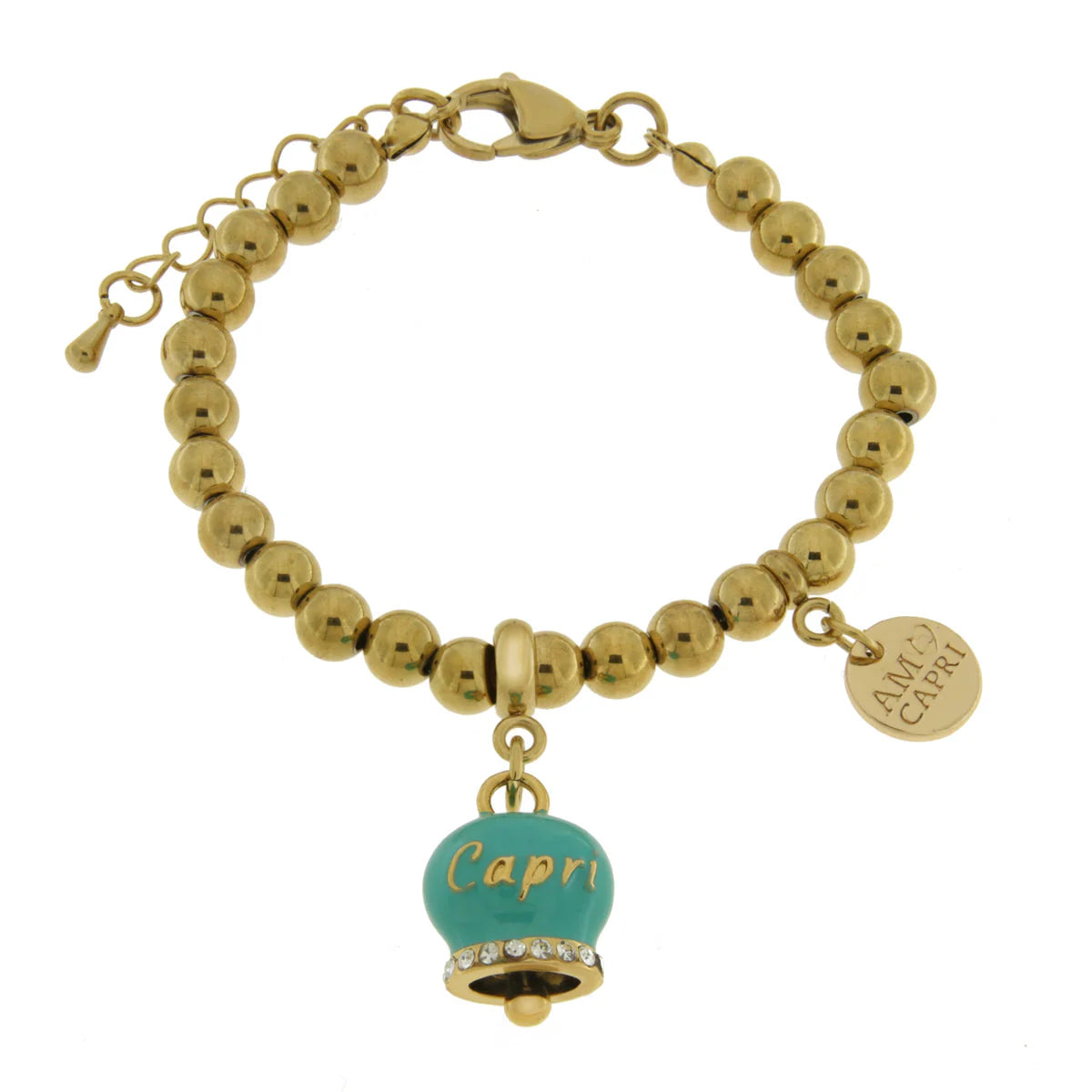 AMO CAPRI - Bracciale in Acciaio con campanella verde con scritta Capri