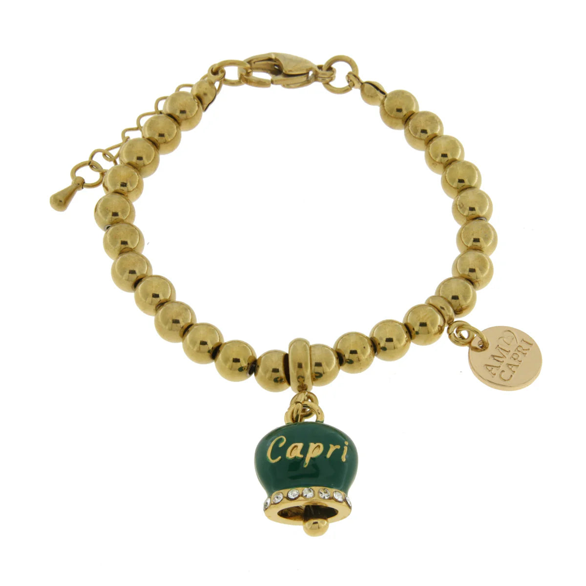 AMO CAPRI - Bracciale in Acciaio con campanella verde con scritta Capri