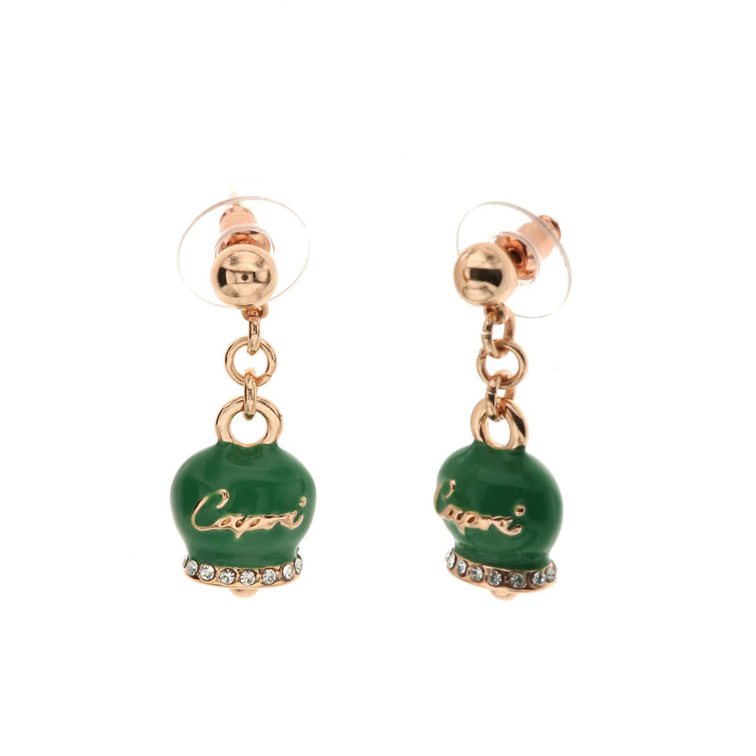 Amo Capri - Orecchini in Metallo con campanella capri pendente in smalto verde, impreziosita da cristalli