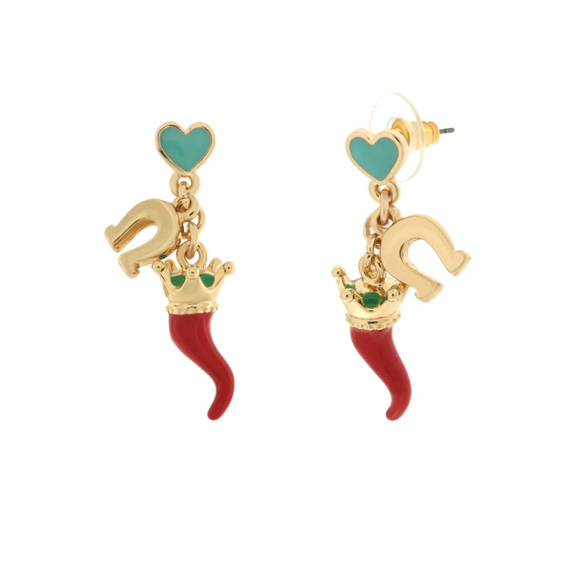 AMO NAPOLI - Orecchini in Metallo con corno rosso e ferro di cavallo