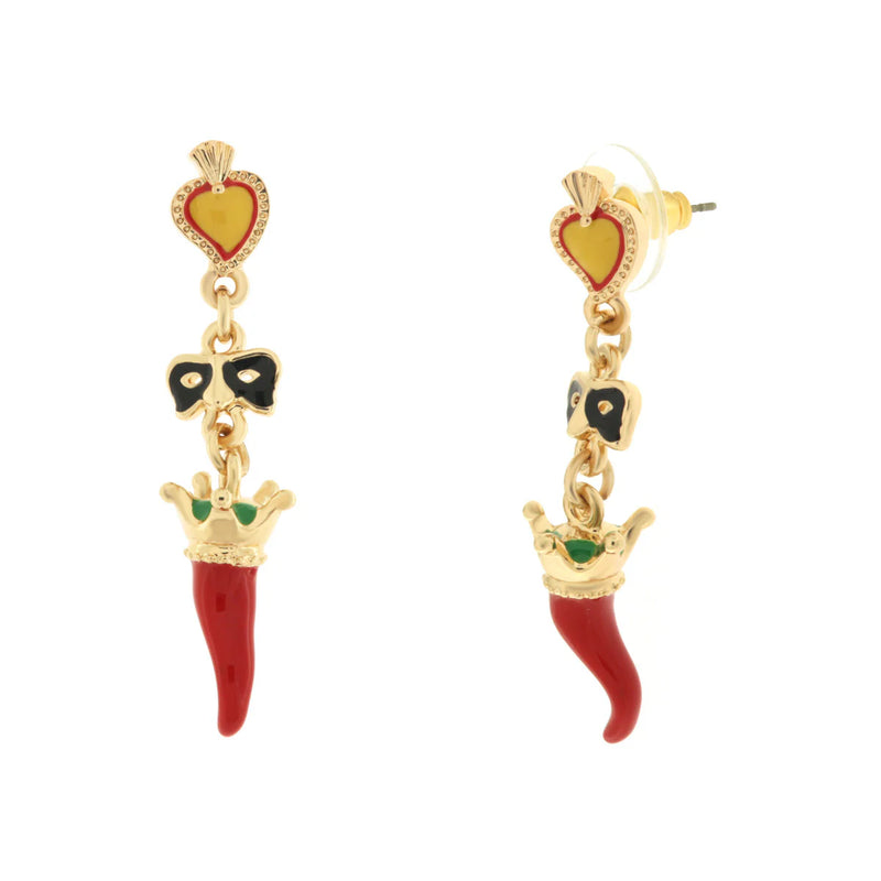 AMO NAPOLI - Orecchini in Metallo con cornetto, maschera e cuore sacro