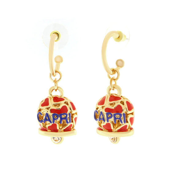 Amo Capri - Orecchini in Metallo a cerchio con campanella impreziosita da cuori rossi e scritta capri