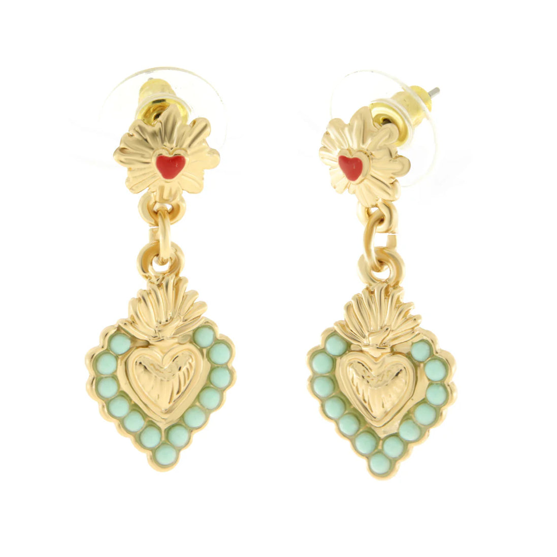 AMO NAPOLI - Orecchini in Metallo con cuore sacro pendente oro e contorno verde
