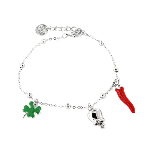 AMO CAPRI - Cavigliera in Metallo multi ciondoli portafortuna, campana, quadrifoglio e cornetto, impreziositi da smalti colorati