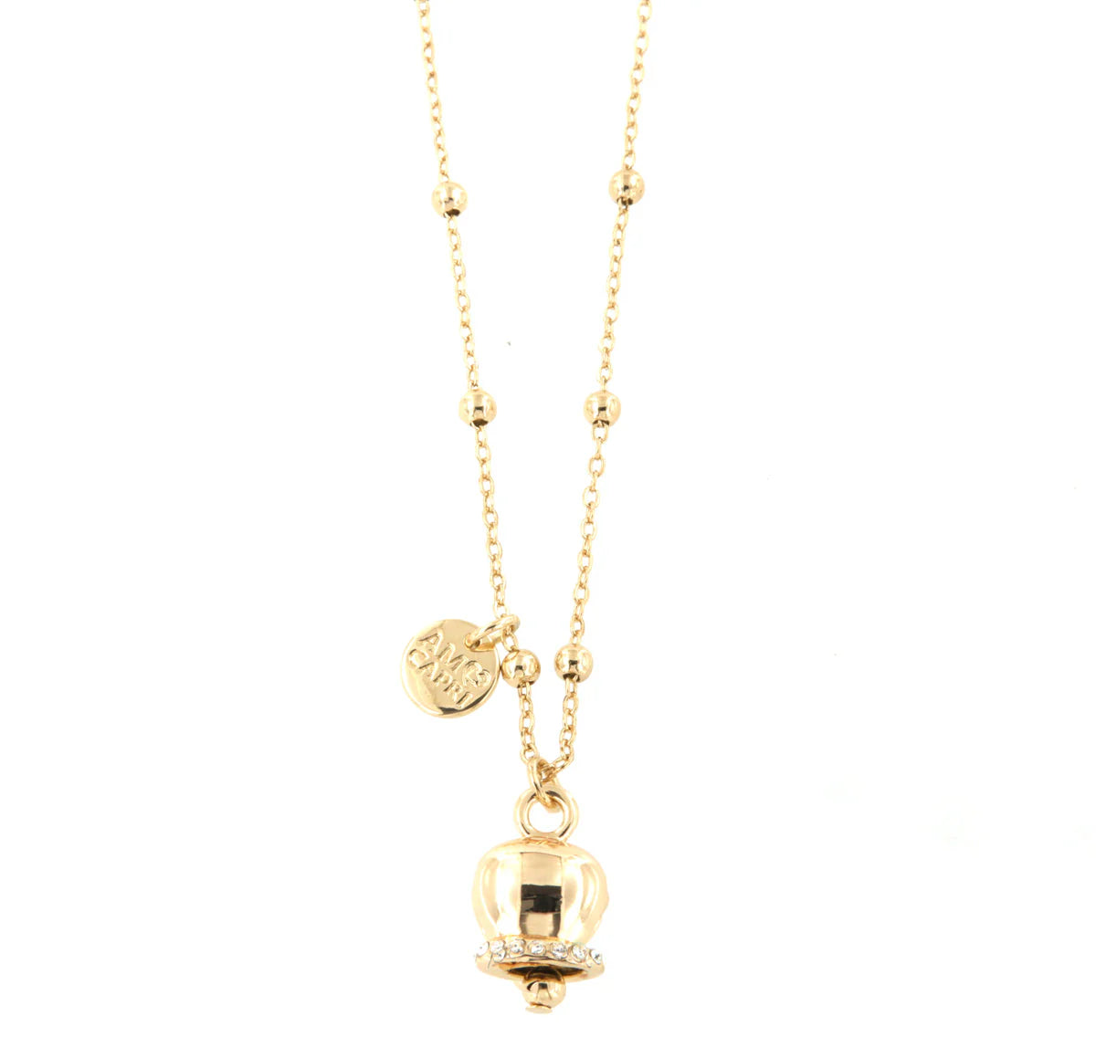 Amo Capri - Collana in Metallo con campanella portafortuna pendente, impreziosita da cristalli