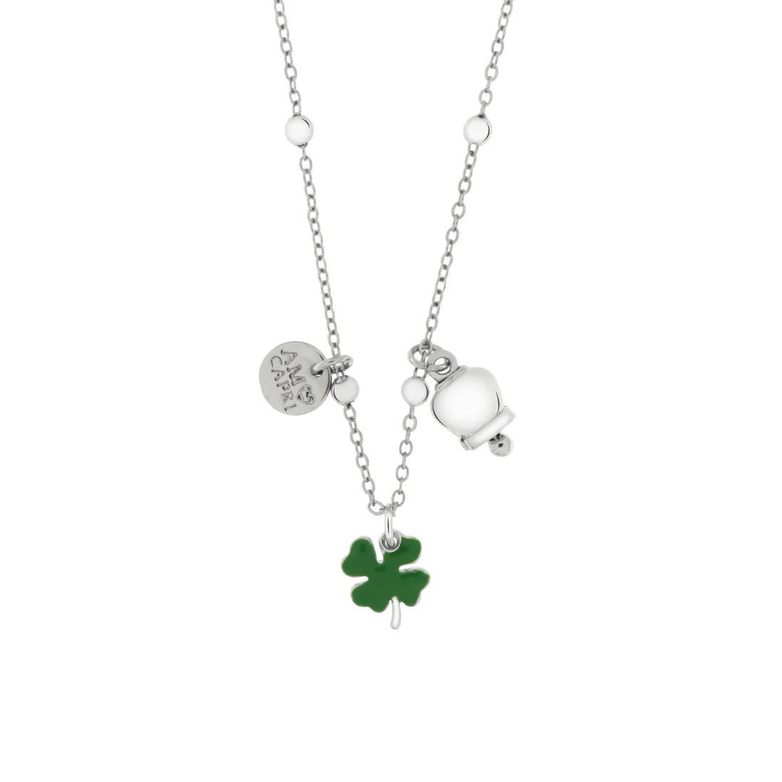 AMO CAPRI - Collana in Metallo con quadrifoglio pendente in smalto verde e campana bianca pendente