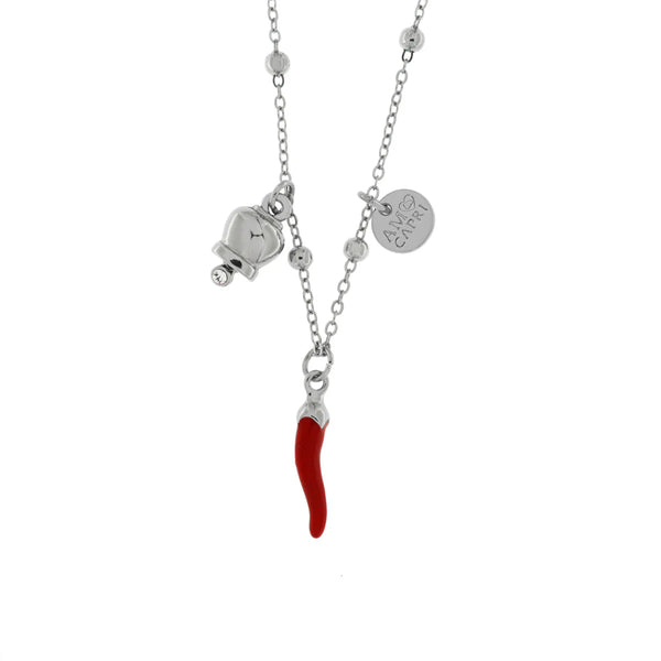 AMO CAPRI - Collana in Metallo con corno in smalto rosso e campana bianca pendente
