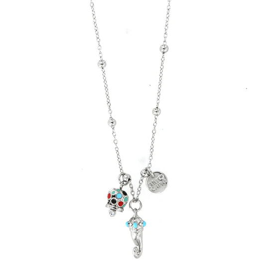 AMO CAPRI - Collana in Metallo con corno pendente impreziosito da punte di smalto turchese e campanella in smalti multicolore