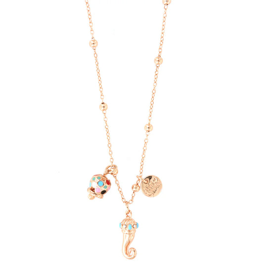 AMO CAPRI - Collana in Metallo con corno pendente impreziosito da punte di smalto turchese e campanella in smalti multicolore