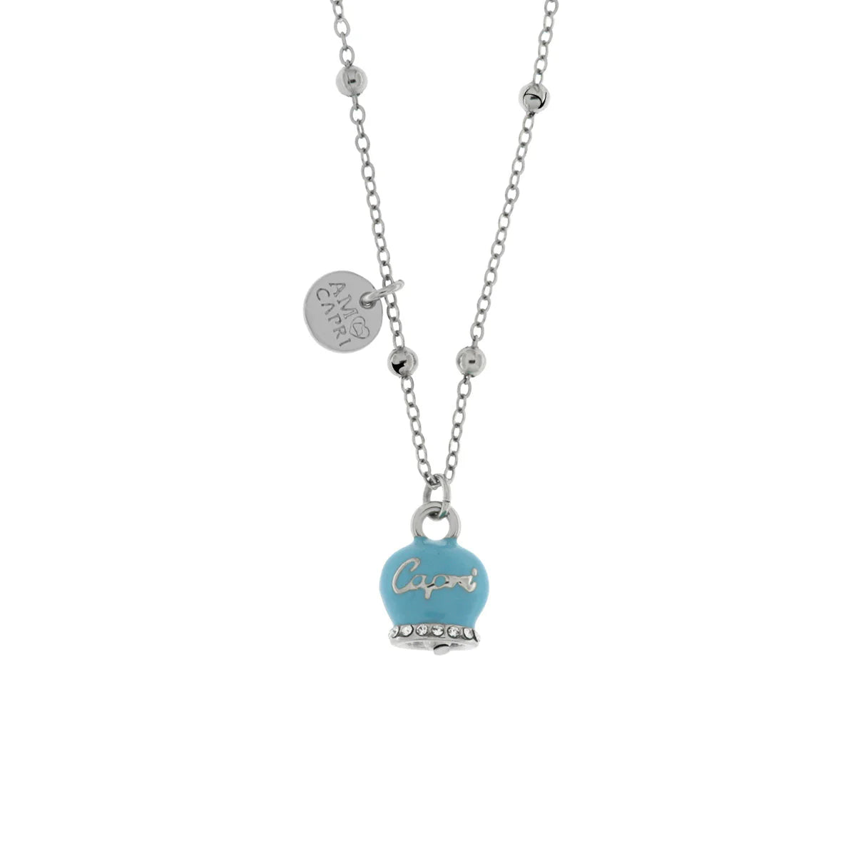 Collana in Metallo con campanella portafortuna pendente impreziosita da smalto turchese e cristalli SKU: 3540854