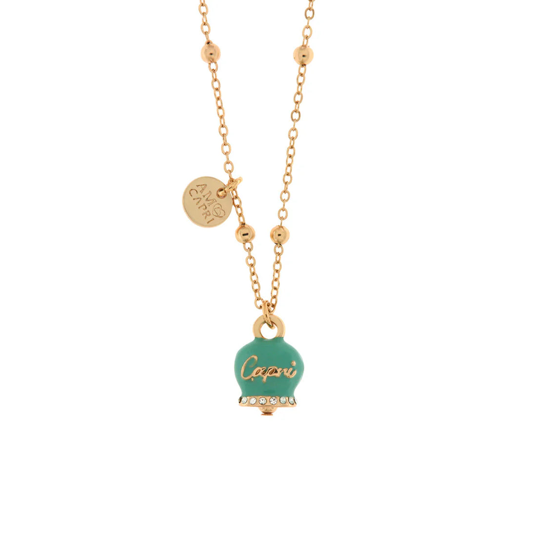 AMO CAPRI - Collana in Metallo con campanella portafortuna verde marino e scritta Capri