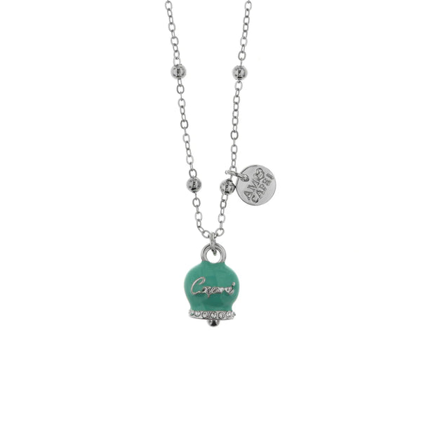 Amo Capri - Collana in Metallo con campanella portafortuna verde acqua, con scritta Capri
