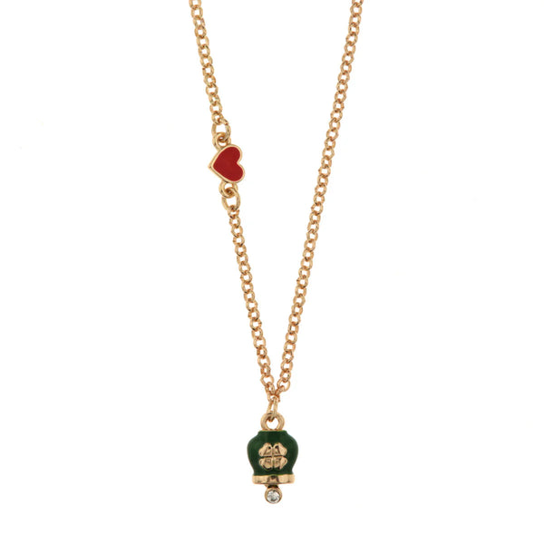 AMO CAPRI - Collana in Metallo con cuore e campanella portafortuna verde con quadrifoglio