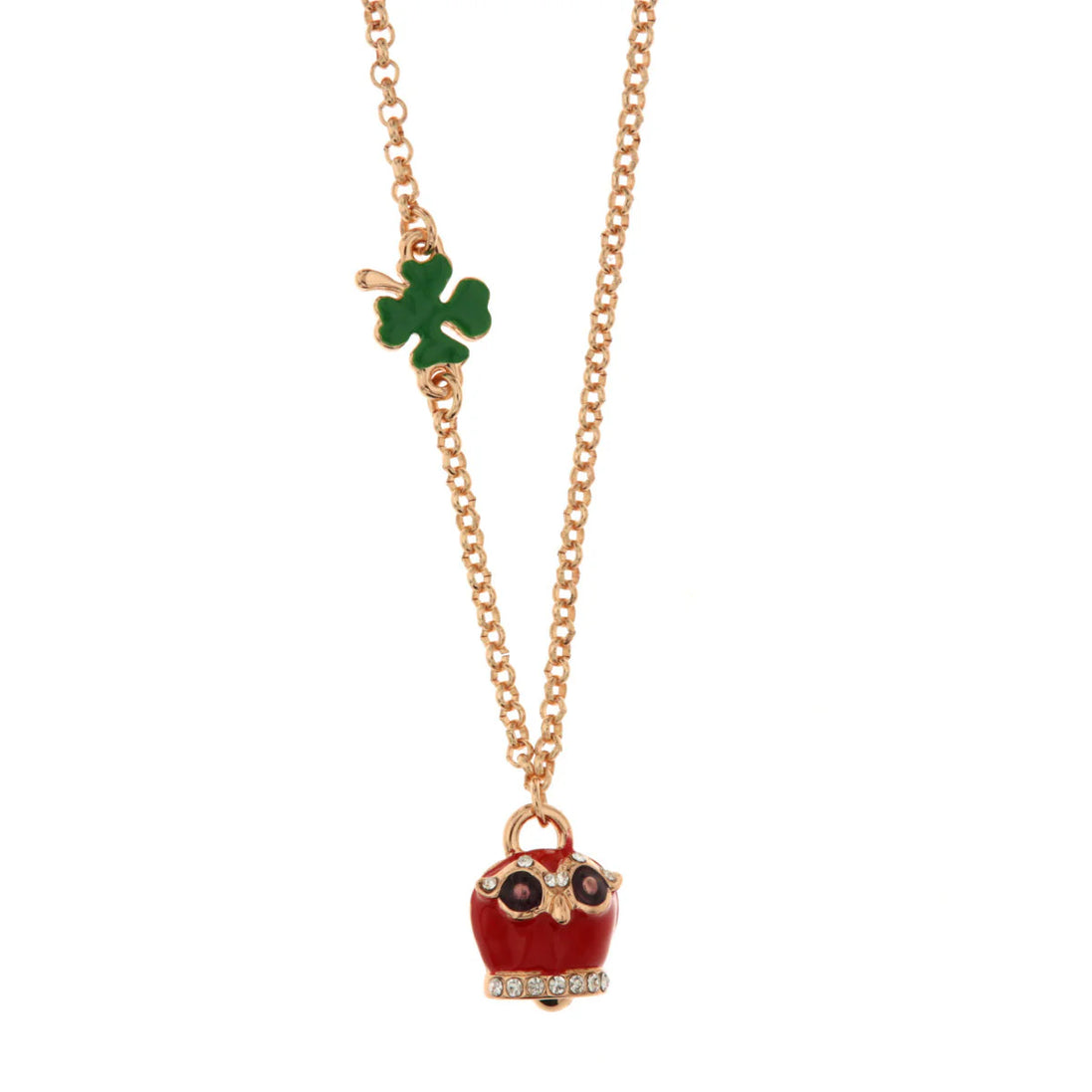AMO CAPRI - Collana in Metallo con quadrifoglio e campanella portafortuna a gufo con smalto rosso e cristalli bianchi