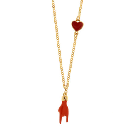 AMO NAPOLI - Collana in Metallo con pendente a forma di corna porta fortuna e cuore rosso