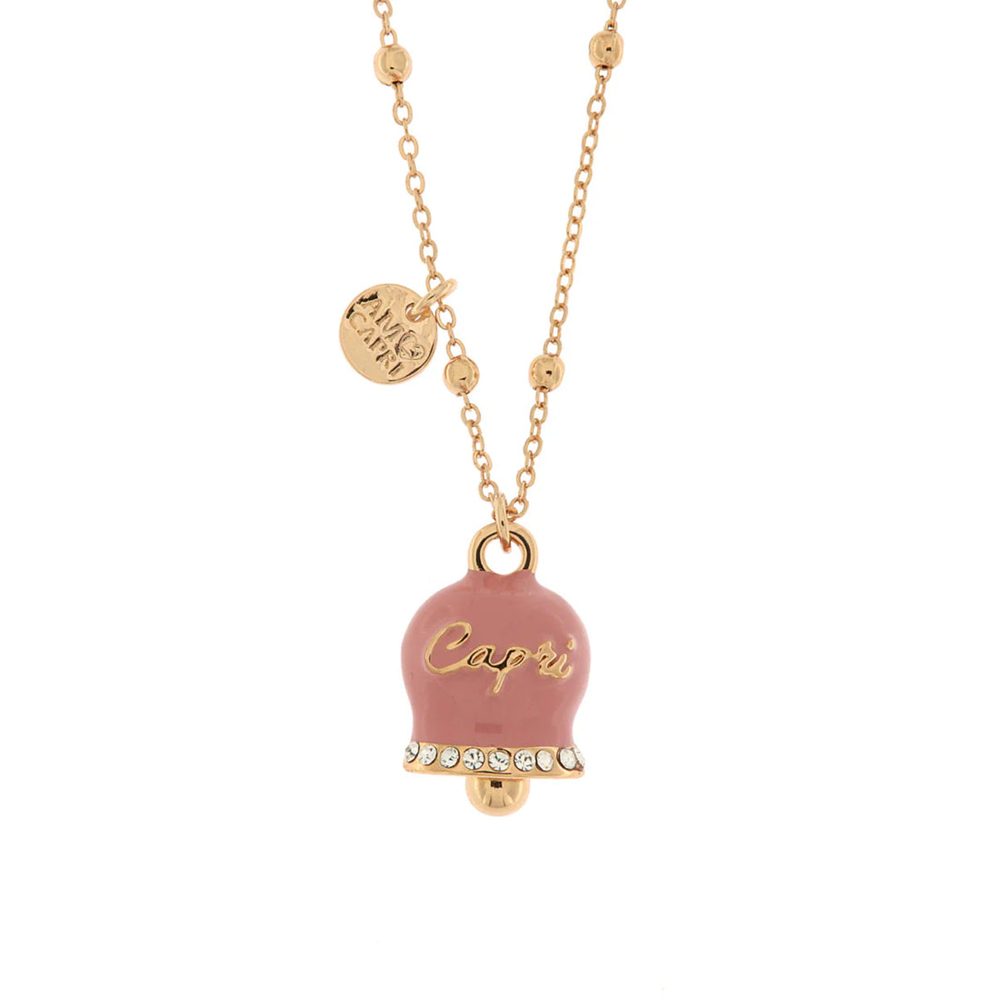 Amo Capri - Collana in Metallo con campanella grande rosa e scritta Capri impreziosito da cristalli bianchi