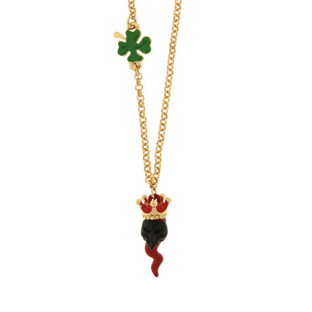 AMO NAPOLI - Collana in Metallo con corno pendente impreziosito da corona e quadrifoglio