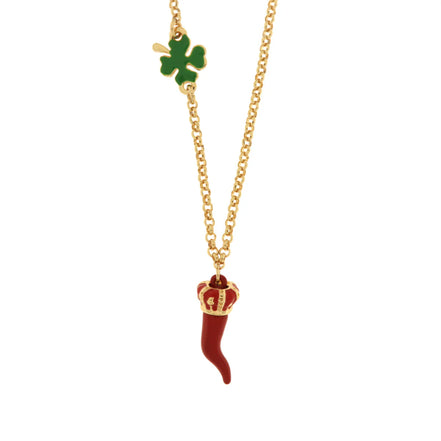 AMO NAPOLI - Collana in Metallo con cornetto portafortuna impreziosito da smalto rosso