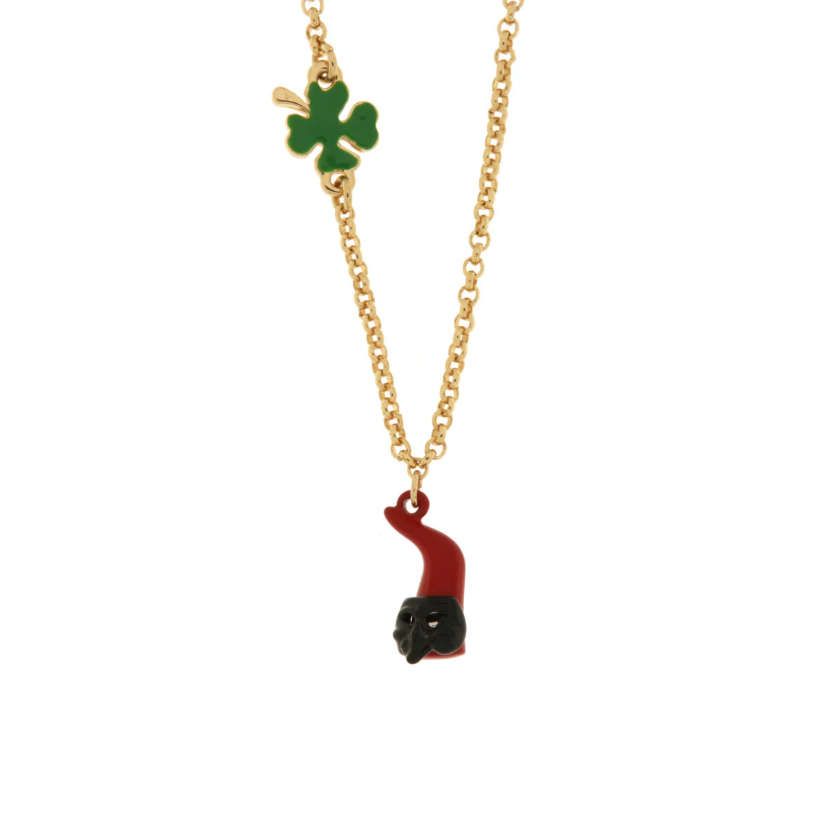 AMO NAPOLI - Collana in Metallo con cornetto portafortuna impreziosito da smalto rosso a forma di Pulcinella