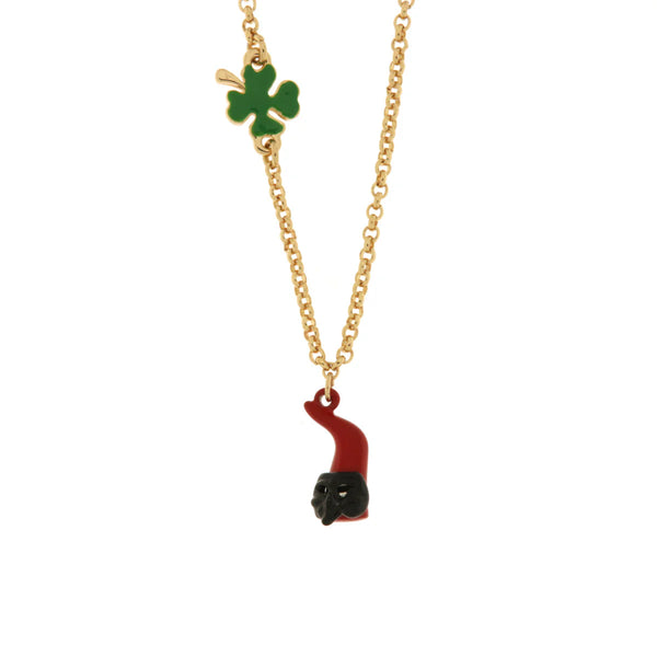 AMO NAPOLI - Collana in Metallo con cornetto portafortuna impreziosito da smalto rosso a forma di Pulcinella