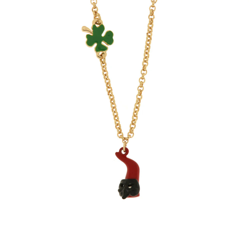 AMO NAPOLI - Collana in Metallo con cornetto portafortuna impreziosito da smalto rosso a forma di Pulcinella