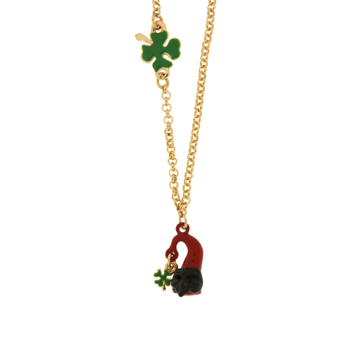 AMO NAPOLI - Collana in Metallo con cornetto portafortuna impreziosito da smalto rosso a forma di Pulcinella e quadrifoglio