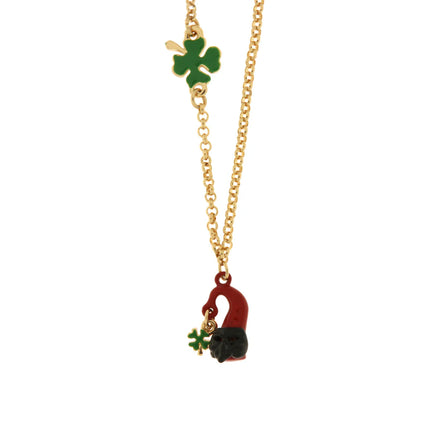 AMO NAPOLI - Collana in Metallo con cornetto portafortuna impreziosito da smalto rosso a forma di Pulcinella e quadrifoglio