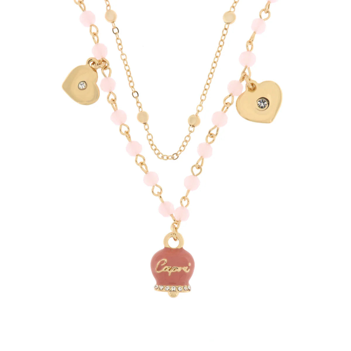 AMO CAPRI - Collana in Metallo con campana smaltata rosa e cuoricini pendenti