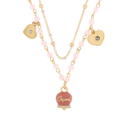 AMO CAPRI - Collana in Metallo con campana smaltata rosa e cuoricini pendenti